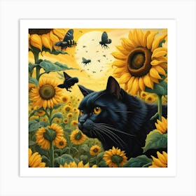Black Cat In Sunflower Field Art Print