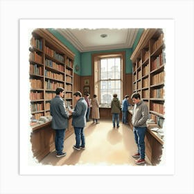 Watercolor Image Of A Classic English Bookshop With Readers Browsing The Shelves 1 Art Print