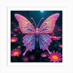 An Abstract Butterfly With Fractal Patterns In A Garden Of Neon Flowers 1 Art Print