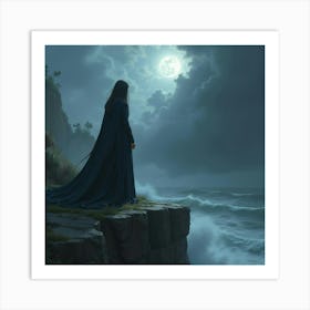 Gothic Sorceress With A Flowing Cape Standing On A Cliff Overlooking A Storm 1 Art Print