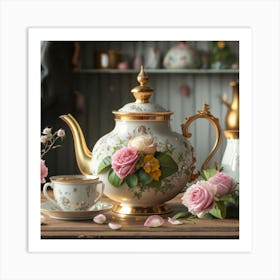 A very finely detailed Victorian style teapot with flowers, plants and roses in the center with a tea cup 12 Art Print