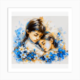 Two Children In Blue Flowers Art Print