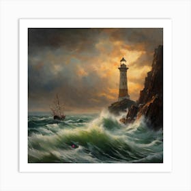 Lighthouse In The Storm Art Print