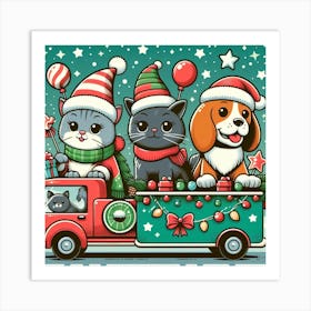 Christmas Truck With Cats And Dogs Art Print