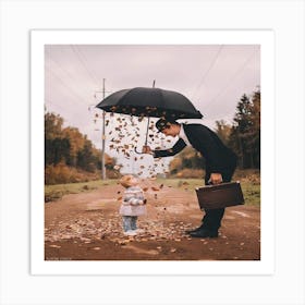 Man And Child In The Rain Art Print