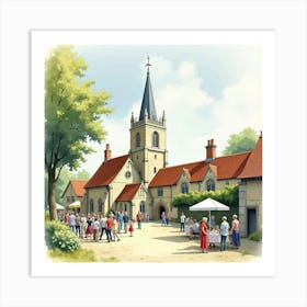 A Watercolor Of A Traditional English Village Churchyard, With People Attending A Community Event 1 Art Print