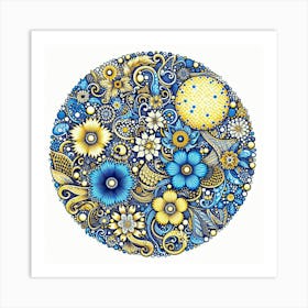 Batik, Blue And Yellow Floral Pattern  Art Print