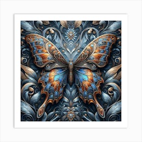 Ornate Metallic Butterfly - Blue & Amber Art Print