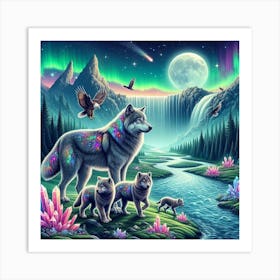 Wolf Family by Crystal Waterfall Under Full Moon and Aurora Borealis 7 Art Print