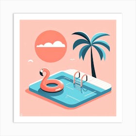 Summer Vibes: A Charming and Beautiful Illustration of a Pool with a Pink Flamingo Float and a Palm Tree Art Print