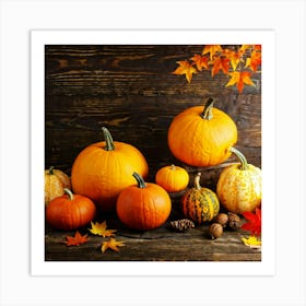 Assortment Of Vibrant Autumn Gourds And Pumpkins Thanksgiving Themed Scattered Artistically Across (4) Art Print