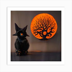 Cute Spooky Realistic Black Cat Portrait Moon Tree Design Art Print