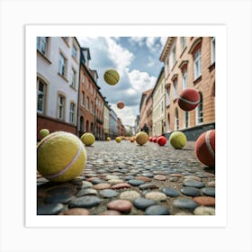 A perspective shot of a cobblestone street with tennis balls bouncing. Art Print