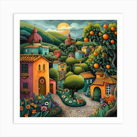 Mediterranean Village, Naive, Whimsical, Folk 1 Art Print