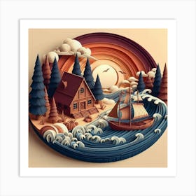 Paper Cut Art House in the forest Art Print