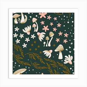 Mushroom Pattern On Green With Florals Square Art Print
