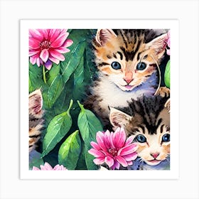 Kittens And Flowers Art Print