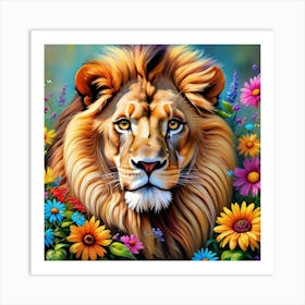 Blooms And Beasts: The Elegance Of Lions In Flowered Realms Art Print