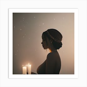 Silhouette Of A Woman Holding Candles Art Print