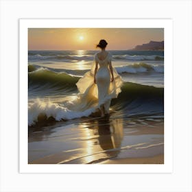 Woman Walking On The Beach Art Print