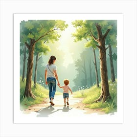 Watercolor Toddler Walking Hand In Hand With A Parent In A Forest Art Print