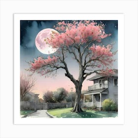 Cherry Blossom Tree At Night Art Print