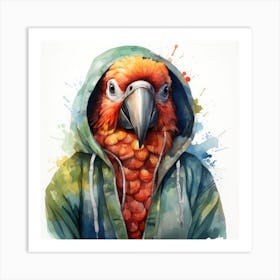 Watercolour Cartoon Parrot In A Hoodie 1 Art Print