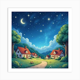 Dreamlike Watercolor Village Under Enchanted Stars 1 Art Print