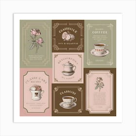 Vintage Tea Label Design Set With Tea Cups And Saucers, Perfect For A Classic Tea Party Art Print