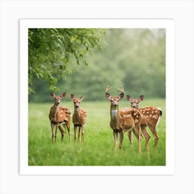 Fawns In A Field.A picture of a group of deer in the green grass Art Print