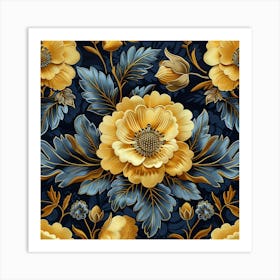 Seamless Floral Pattern With Huge Flowers And Leaves , Knitting Damask Ornament , Continious Ornament Of Eleven Gold And Blue Damask Floral Ornament Seamless Pattern, In The Style Of Navy And Eleven Gold, Trace Monotone, Geometric Art Print