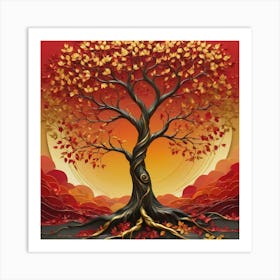 solid color gradient tree with golden leaves and twisted and intertwined branches 3D oil painting 6 Art Print