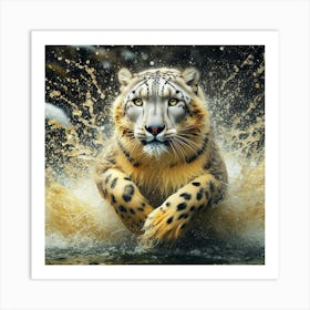 Snow Leopard Running In Water 1 Art Print