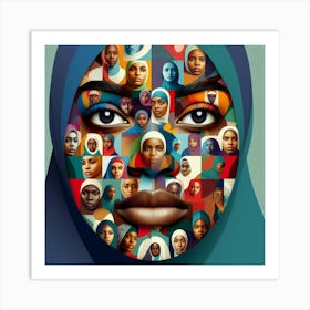 A mosaic of faces of black women of all ages and skin tones wearing colorful hijabs, representing the diversity and beauty of black Muslim women. Art Print