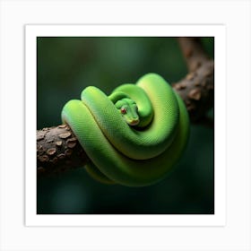 A Vibrant Emerald Tree Boa Coiled On A Branch 1 Art Print