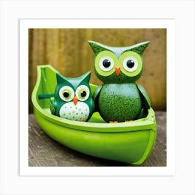 Two Owls In A Pea Green Boat Art Print