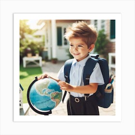 Boy In School Uniform With A Globe Art Print