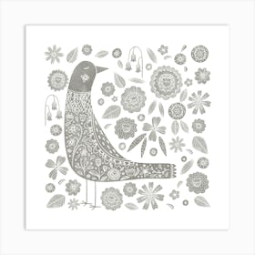 Scandinavian Bird And Flowers Gray and White Art Print