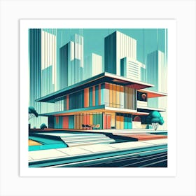 Graphic Illustration Of Mid Century Architecture With Sleek Lines And Vibrant Colors, Style Graphic Design Art Print