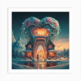 , a house in the shape of giant teeth made of crystal with neon lights and various flowers 10 Art Print