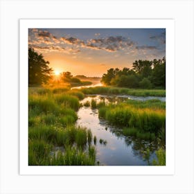 Sunrise Over A River Landscape and Natural art Art Print