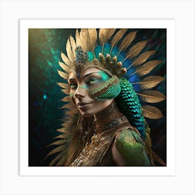 Firefly A Modern Illustration Of A Fierce Native American Warrior Peacock Iguana Hybrid Femme Fatale (9) Art Print