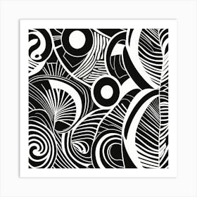 Retro Inspired Linocut Abstract Shapes Black And White Colors art, 216 Art Print