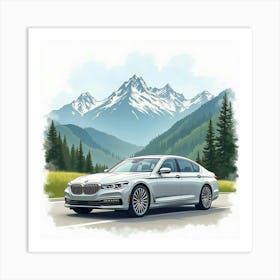 Modern Sedan With A Picturesque Mountain View, Watercolor Painting 1 Art Print