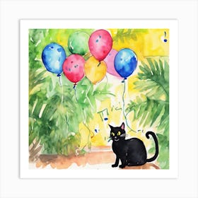 Black Cat With Balloons 1 Art Print