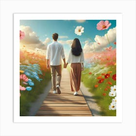 Couple Walking Through Flowers Art Print