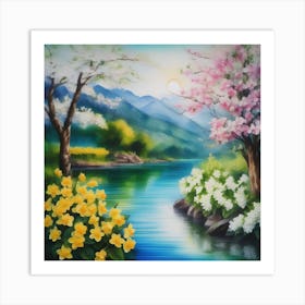 Blossoming Flowers By The River Art Print