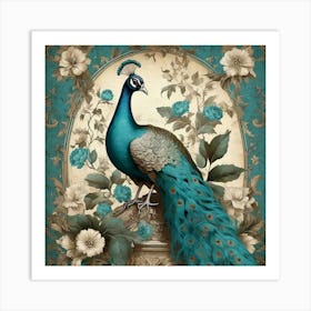 Turquoise Peacock Vintage Wallpaper With Leaves Art Print Art Print