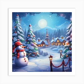 Christmas Village With Snowman Art Print