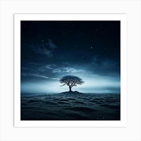 Single Tree Standing Solitary On A Vast Plateau Surrounded By A Dark Meadow Under A Night Sky Spark Art Print